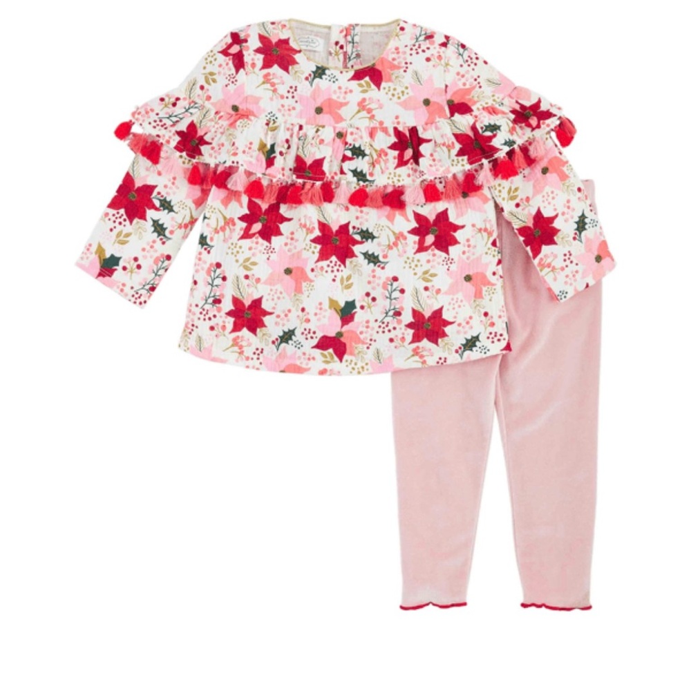 Holiday Christmas poinsettia Ruffle tassel Top and Pink velvet Leggings 12-18